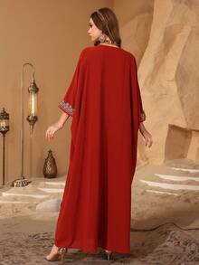 Layrah Elegant Long Sleeve Kaftan Dress With Print V Neck For Stylish Women - Orange - View 3