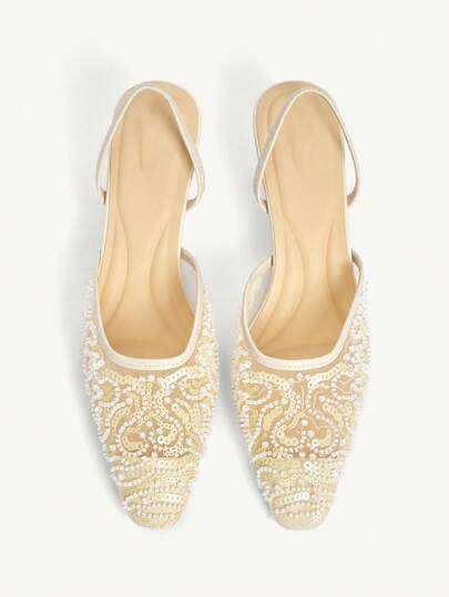 CUCCOO CHICEST Women Shoes New Small Square Toe Medium Thin Heel Beige Mesh Embroidered Beads Fashionable And Elegant After The Banquet Strap Thin High Heel Women's Shoes Women's Slingback Shoes