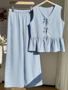 Sparklyn 2pcs Tween Girls Camisole Shirt With Bow Button And Elongated Pants Set - Blue - View 5