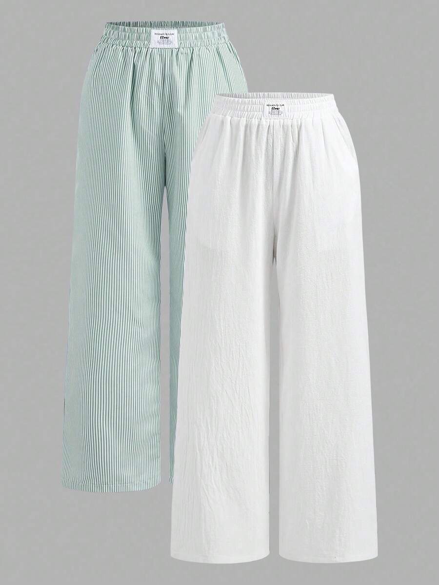 SHEIN EZwear 2件套水洗棉条纹宽松长裤,夏季 - 綠色 - 查看 1