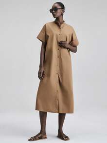 Ontre 女士米色舒适亲肤仿天丝面料衬衫，宽松版型，落肩设计，中袖，前襟纽扣，后背褶裥设计，简约都市商务休闲风，高品质设计师简约舒适都市系列中长连衣裙 - 白色 - 查看 3