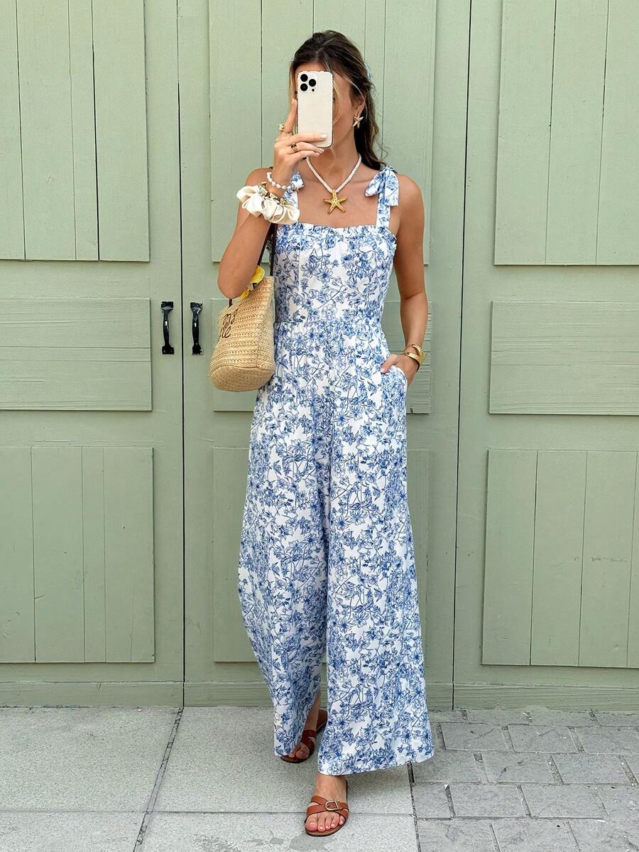 Serisse Women's Casual Summer Blue And White  All-Over Floral Print Pocketed Tie Shoulder Jumpsuit, Vacation Leisure Wear Summer Holiday Resort,Suitable For Vacation,Casual Summer Jumpsuit, Casual Wide-Leg Pants, Suitable For Vacation And Daily Wear, Women Work Summer Dresses Woman S Summer Clothes Holiday Resort, Beach Outfit For Women , Female Carnival Costume,Summer Clothes, Blue Jumpsuit - Blue and White - View 1
