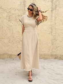 SHEIN Frenchy 女士撞色滚边圆领短袖荷叶边腰部中长连衣裙 - 杏色 - 查看 4