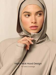 GLOWMODE X Reem Modest Glow Your Way Cooling Quick-Dry Sun Protection Fitted Front Split Hem Two-Way Zipper High-Neck Coverage Hooded Jacket Daily Casual Wear - Khaki - View 4