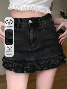 FRIFUL Minifalda de mezclilla lavada con volantes en el bajo para mujer - Negro - Ver 1