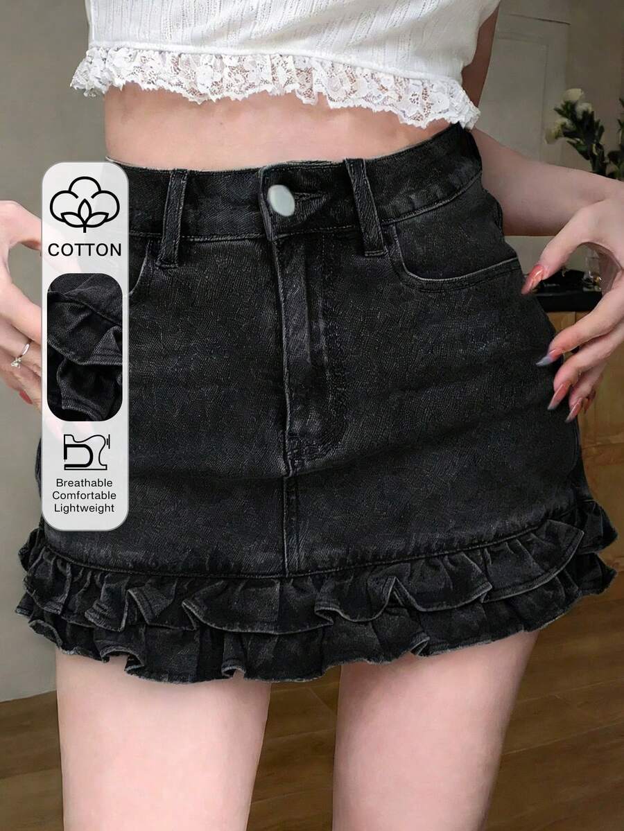 FRIFUL Minifalda de mezclilla lavada con volantes en el bajo para mujer - Negro - Ver 1