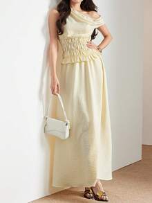 Heiryn Women's Solid Color Asymmetric Shoulder Ruched Waist Top And Skirt Elegant 2 Pieces Set,Vacation Outfits Women Vacation Pale Yellow Summer - Light Yellow - View 7