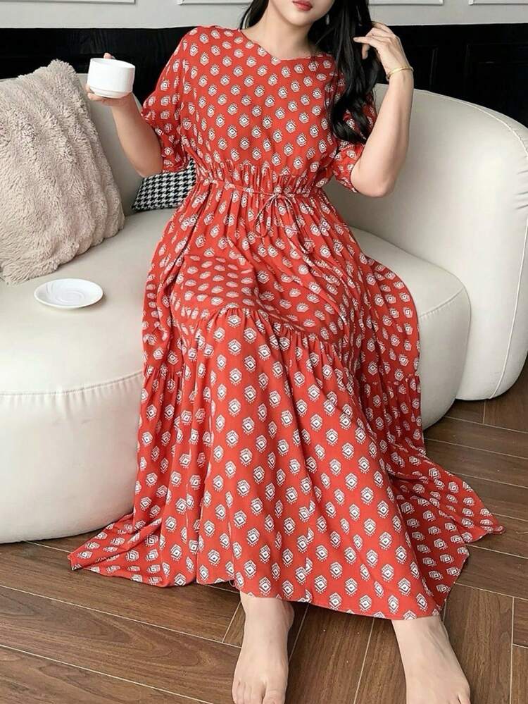 Dazy Plus Plus Size Women Allover Print Round Neck Short Petal Sleeve Waist Tie Nightgown