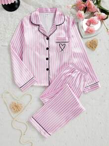 Tween Girls Pajamas-2 Piece Pajama Set Pink White Striped Satin Look Long Sleeve Button Up Top Notch Collar Chest Pocket Heart Embroidery Matching Pants Elastic Waist Four Seasons Holiday 2026 Must Have Sleepwear Loungewear Cozy Gift Ideal Bedroom Sleepwear Set Pink Striped Pajama Pink Pajama Sets - Pink - View 6