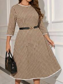 EMERY ROSE Plus Size Women's Summer White Autumn 1920s Everyday Plaid Print Contrast Trim Elegant Commuter Dress,Vacation Outfits,Spring Break,Modest Sun Dresses - Apricot - View 2