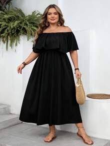 SHEIN CURVE+ Curve 尺码 US22 音乐节、海滨度假、波西米亚风黑色露肩宽松 A 字连衣裙、休闲度假连衣裙、黑色时尚连衣裙 - 黑色 - 查看 6