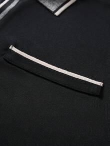 Calvornis 男士黑色夏季休閒商務工作 Polo 衫，對比條紋飾邊短袖經典領上衣附胸前口袋，日常通勤高爾夫 Polo 衫，儀式適用 - 黑色 - 查看 6