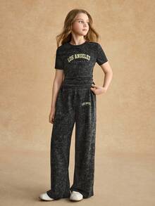 SHEIN Girls' Tee Set,Dark Grey Summer Cute Back-To-School Outfit,Fitted Short Sleeve T-Shirt&Loose Wide Leg Pants,Soft Knit For Casual,Sports,School Wear - Black - View 5