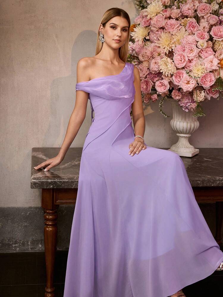 WOMEN'S ELEGANT ASYMMETRICAL NECK FLOOR-LENGTH FORMAL DRESSES, DRAPED DETAIL FROM SHOULDER TO CHEST, DIAGONAL SEAM ACCENTS ON WAIST, FLOWING DRESS IN LIGHTWEIGHT CHIFFON FABRIC – ELEGANT ROMANTIC STYLE IDEAL FOR WEDDINGS (GUEST), GALA DINNERS, AWARD CEREMONIES, BALLS