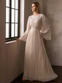 MOTF Soiréza Đầm maxi dự tiệc nữ thanh lịch, ôm sát, cổ tròn, tay dài xòe, chất liệu chiffon xếp ly với họa tiết đính cườm lấp lánh, hoàn hảo cho đám cưới, dạ hội và tiệc tùng mùa xuân hè. - Màu be - Xem 7