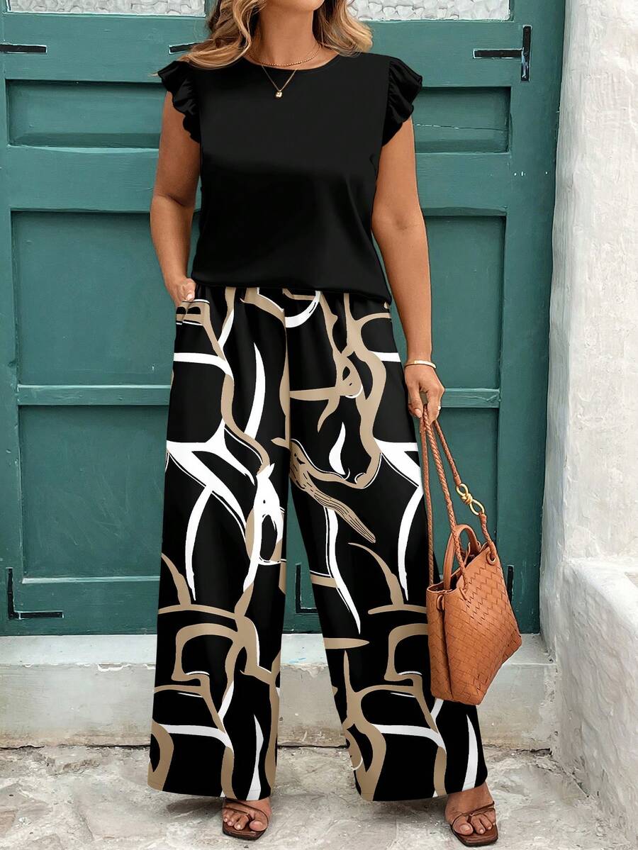 EMERY ROSE Plus Size Summer Simple Solid Ruffle Trim Top And Abstract Geometric Line Print Casual Pants 2 Pieces Set - Multicolor - View 1
