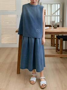 DAZY 2pcs/Set Tween Girls Crew Neck Sleeveless Printed Denim Top And Denim Skirt Outfit, Fall - Blue - View 4