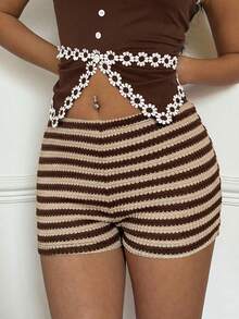 Siren Gaze Celana Pendek Kasual Wanita Motif Patchwork Warna Serbaguna untuk Pemakaian Sehari-hari, Cocok untuk Piala Dunia - Coklat - View 6