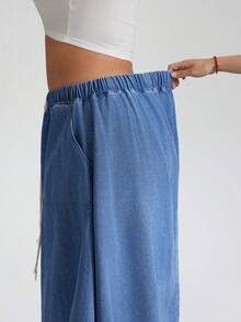 SHEIN CURVE+ Plus Size Dark Blue Summer Casual Everyday Denim Maxi Skirt,Women's High Rise Elastic Waist Drawstring Loose A Line Long Skirt With Pockets - Light Wash - View 3