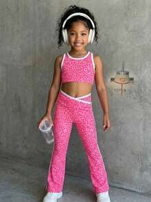 SHEIN 女童粉色豹纹背心和裤子套装，高弹面料 - 粉色 - 查看 2