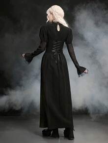 ROMWE Goth 哥特风蜘蛛网蕾丝泡泡袖修身A字长裙 - 黑色 - 查看 3