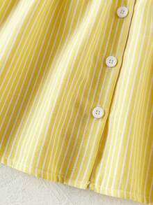 SHEIN 女婴休闲时尚学院风条纹花瓣袖衬衫裙，适合春夏外出和日常穿着，学校风格 - 黃色 - 查看 6