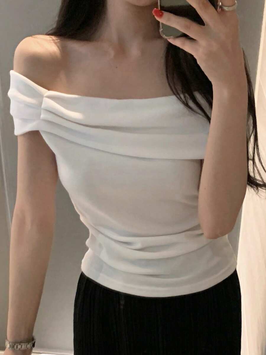 DAZY 女士露肩短袖T恤，翻领修身短款优雅夏季款 - 白色 - 查看 1