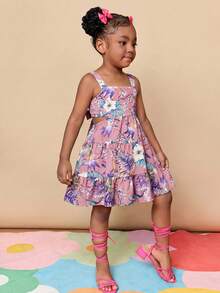Travachic KIDS Đầm chiffon họa tiết hoa nhí lưng hở bằng vải lanh dành cho bé gái - Màu be - Xem 4