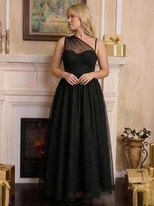 SHEIN MOD Vestido sencillo de talla grande con unicolor, empalme de tela de malla, sin mangas y con volantes - Negro - Ver 3