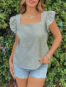 SHEIN VCAY Plus Size Summer Casual Plaid Cap Sleeve Shirt - Olive Green - View 6