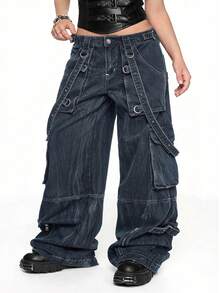 ROMWE Grunge Punk Celana Jeans Denim Ukuran Besar Longgar Model Dark Punk Super Heavy Metal dengan Desain Tali Grommet dan Lubang Tali Silang - Dark Wash - View 5