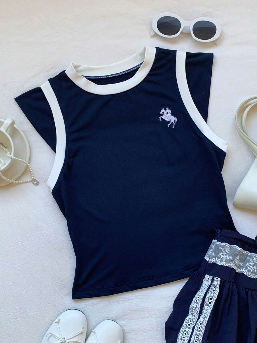 Comfortcana 女士撞色滚边圆领蝙蝠袖休闲夏季简约T恤 - 藏蓝色 - 查看 1