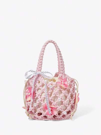 Viva Strut 1pcs Girl's Heart Pink Knitted Hollow Handbag Embroidered Ball Flower Pearl Decoration Butterfly Knot Mesh Bag Sweet Style Niche Casual Shoulder Bag, For Beach, Vacation, Holiday, Summer, Seaside, Beach Party (Flower Pearl Position Randomly)