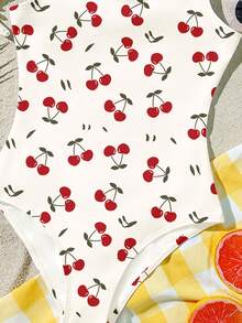 复古可爱甜美迷你樱桃爱心印花图案，芭蕾舞风格，ins风，少女休闲简约吊带连体泳衣，适合夏季穿着 - 彩色 - 查看 5