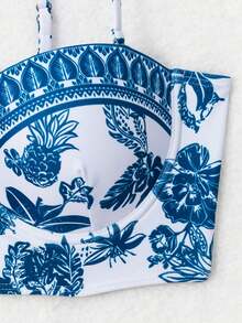 Swim Vcay Biquíni Underwire e Conjunto com Estampa de Posicionamento e Cobertura estilo Quimono para Praia de Verão - Azul e branco - Ver 6