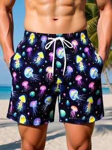 Manfinity Swimmode 男士全印花弹力腰抽绳口袋休闲夏季沙滩短裤 - 彩色 - 查看 1