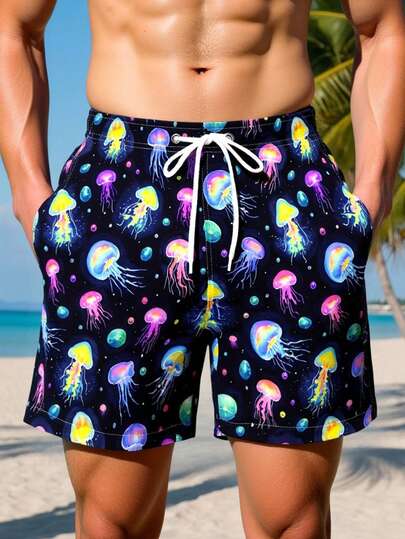 Manfinity Swimmode 男士全印花弹力腰抽绳口袋休闲夏季沙滩短裤