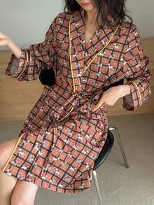 DAZY Plaid Happy Dog Print Contrast Trim Shawl Neck Mid-Length Women Robe - Orange - View 4