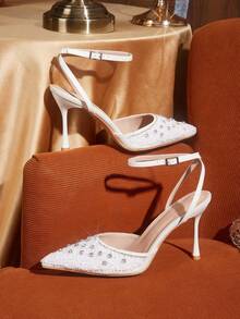 CUCCOO TILAWA Women's Pointed Toe High Heel Rhinestone Embellished Ankle Strap Pumps, Sexy & Fashionable For Dresses, Party, Nightclub - White - View 1