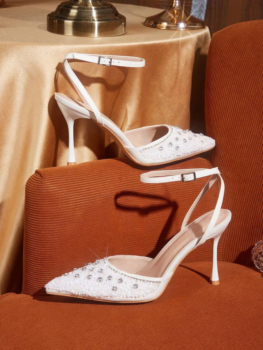 CUCCOO TILAWA Women's Pointed Toe High Heel Rhinestone Embellished Ankle Strap Pumps, Sexy & Fashionable For Dresses, Party, Nightclub - White - View 1