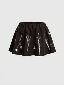 ROMWE Goth Saia evasê com estampa de martelo meteoro, espada, corrente e garfo em estilo gótico para mulheres. - Preto - Ver 7