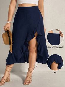 Comfylo Plus Ruffle Trim Asymmetrical Hem Summer Women Skirt - Navy Blue - View 1