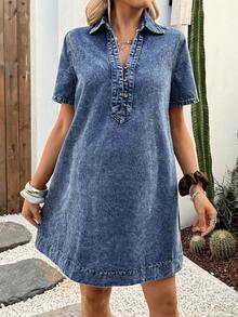 SHEIN 夏季孕妇短袖半拉链休闲牛仔连衣裙 - 藍色 - 查看 1