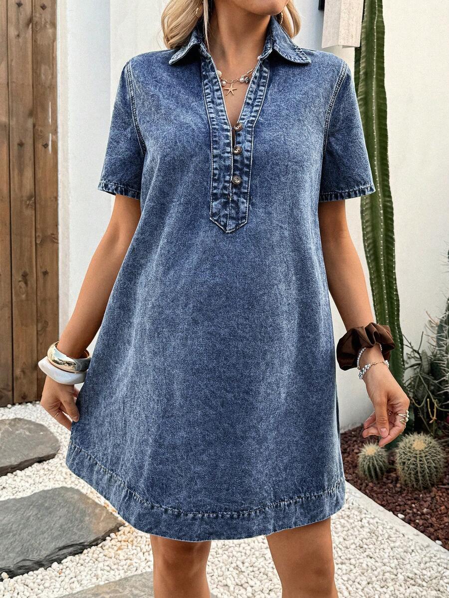 SHEIN 夏季孕妇短袖半拉链休闲牛仔连衣裙 - 藍色 - 查看 1