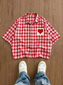 SWAVVY 男士休闲度假风心形针织格子印花宽松衬衫，夏季 - 紅色 - 查看 1