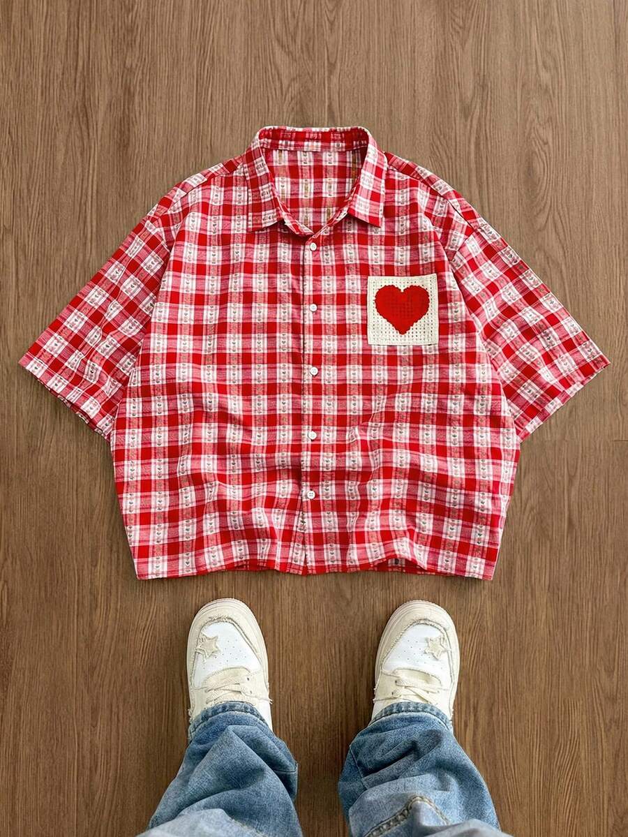 SWAVVY 男士休闲度假风心形针织格子印花宽松衬衫，夏季 - 紅色 - 查看 1