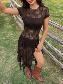 SHEIN EZwear Western Style Mesh Mini Dress For Women, New Spring/Summer Collection Cowgirl Dress Women Cowgirl Outfit Sexy Brown Dress See Through Dress Dark Brown Dress Brown Lace Dress Western Dress Brown Sheer Dress Brown Western Dress Cow Girl Dress - Brown - View 5