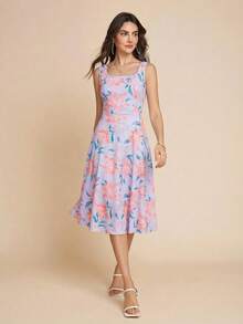 Amorya 女士印花无袖方领A字连衣裙 - 紫羅蘭色 - 查看 4