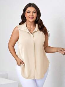 SHEIN Clasi 大码女式休闲无袖纯色衬衫，夏季，夏季上衣，大码纽扣衬衫，大码夏季衬衫，大码无袖上衣，女式大码衬衫 - 杏色 - 查看 4