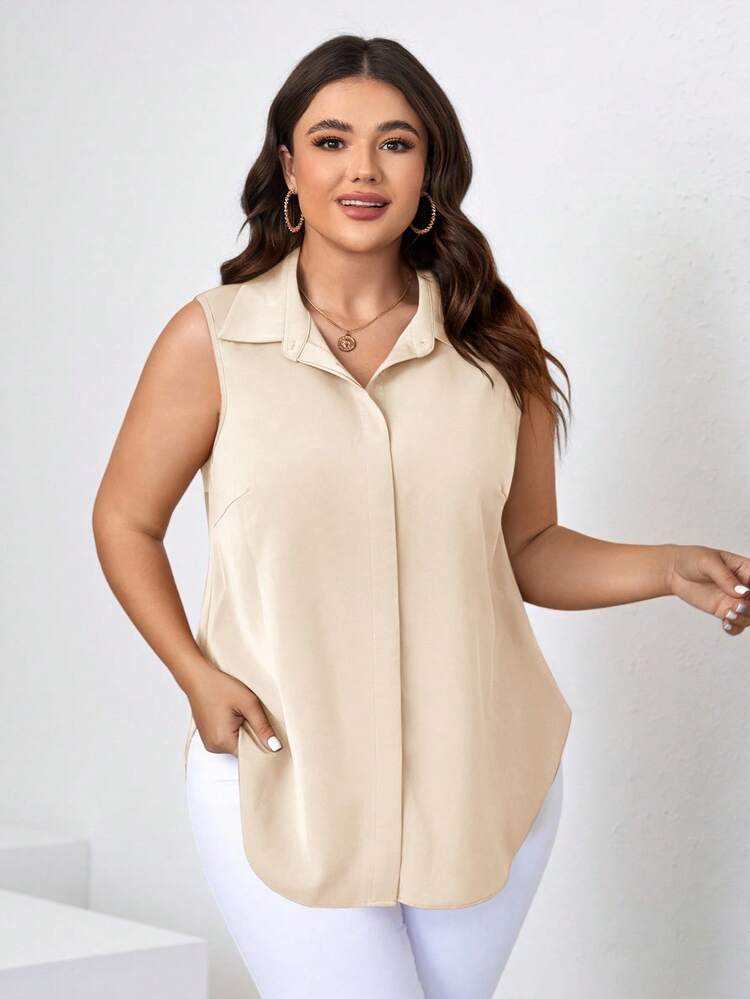 SHEIN Clasi Áo sơ mi nữ cỡ lớn không tay màu trơn, kiểu dáng thường ngày, áo mùa hè, áo sơ mi cài nút cỡ lớn, áo mùa hè cỡ lớn, áo không tay cỡ lớn, áo sơ mi nữ cỡ lớn. - Màu be - Xem 4